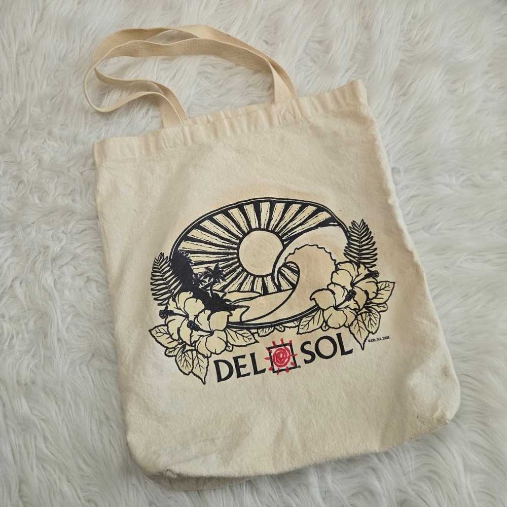 Del Sol Canvas Tote‎ Bag Cream Cotton Tropical Wave Hibiscus Beach Shopper